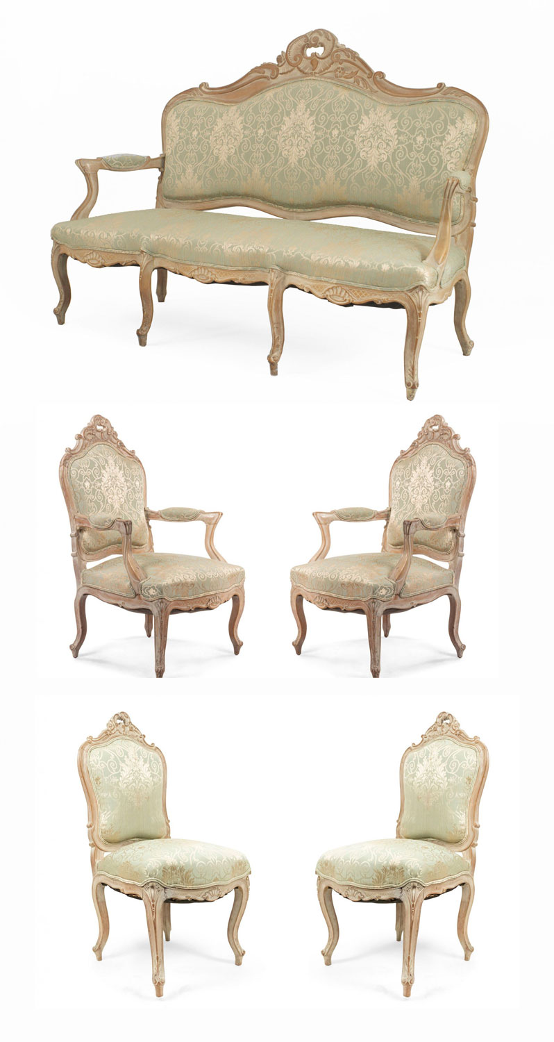 French louis xv green damask living room set