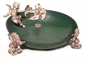 French victorian green metal bowl with cupid figures