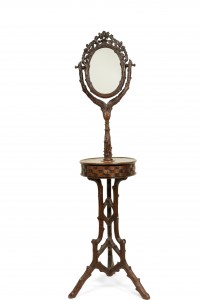 Rustic black forest carved walnut shaving dressing table mirror