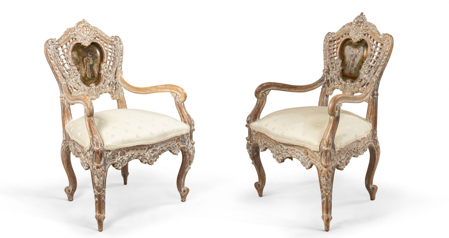Louis xv bleached lattice arm chairs