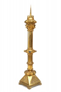 English renaissance style brass jeweled altar candlesticks 1
