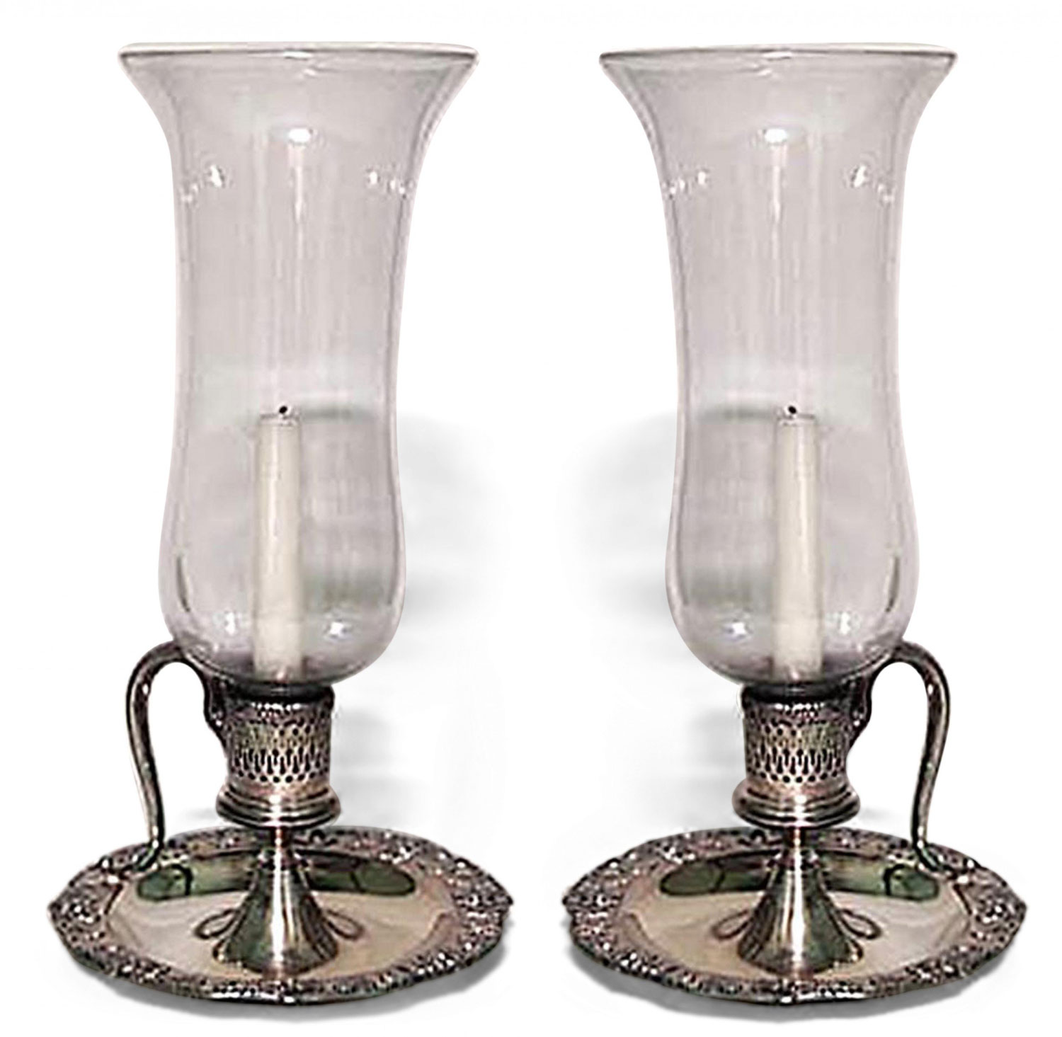 English victorian silver plate candlesticks with hurricane shades 1