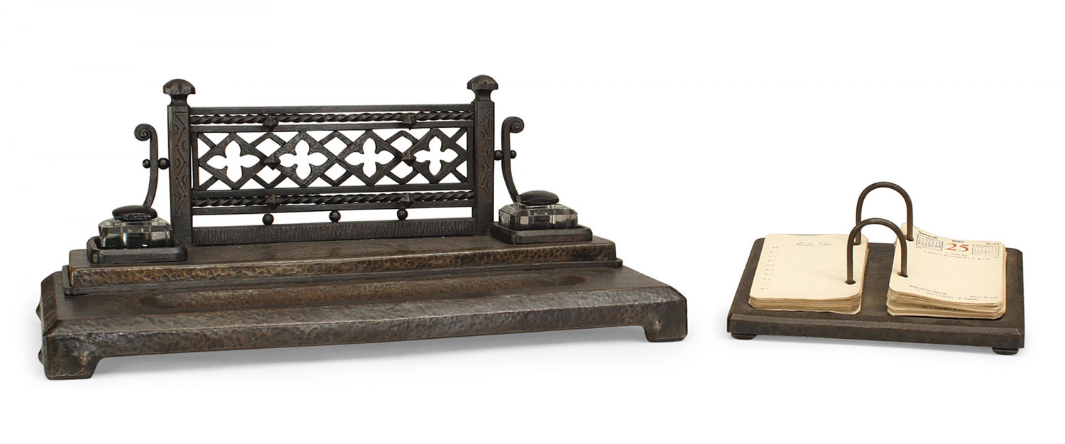 2 Piece victorian gothic iron double inkwell desk set