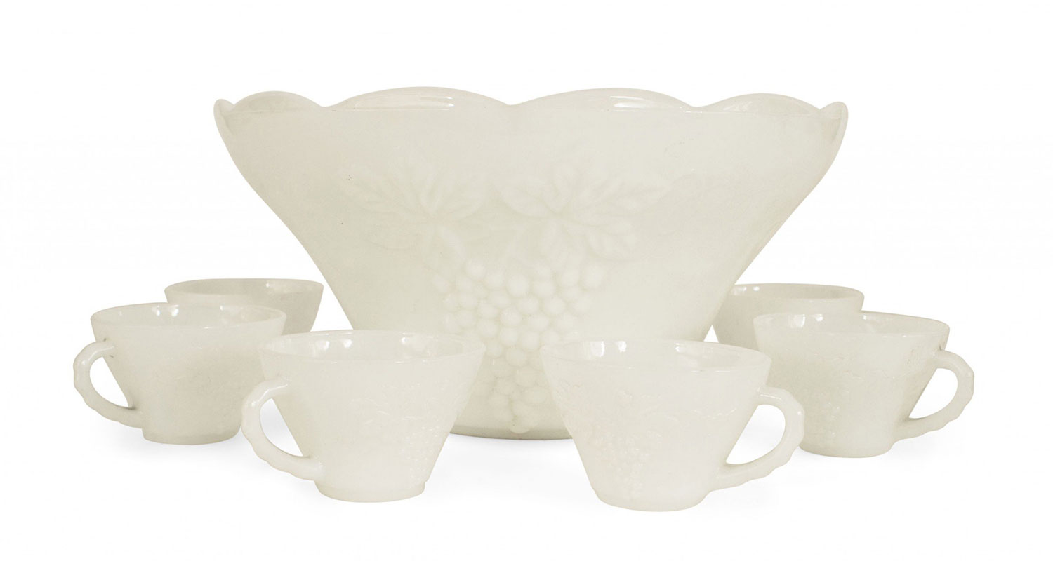 13 piece american victorian milk glass punch bowl set