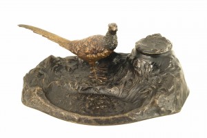 2 Piece french victorian bronze pheasant inkwell
