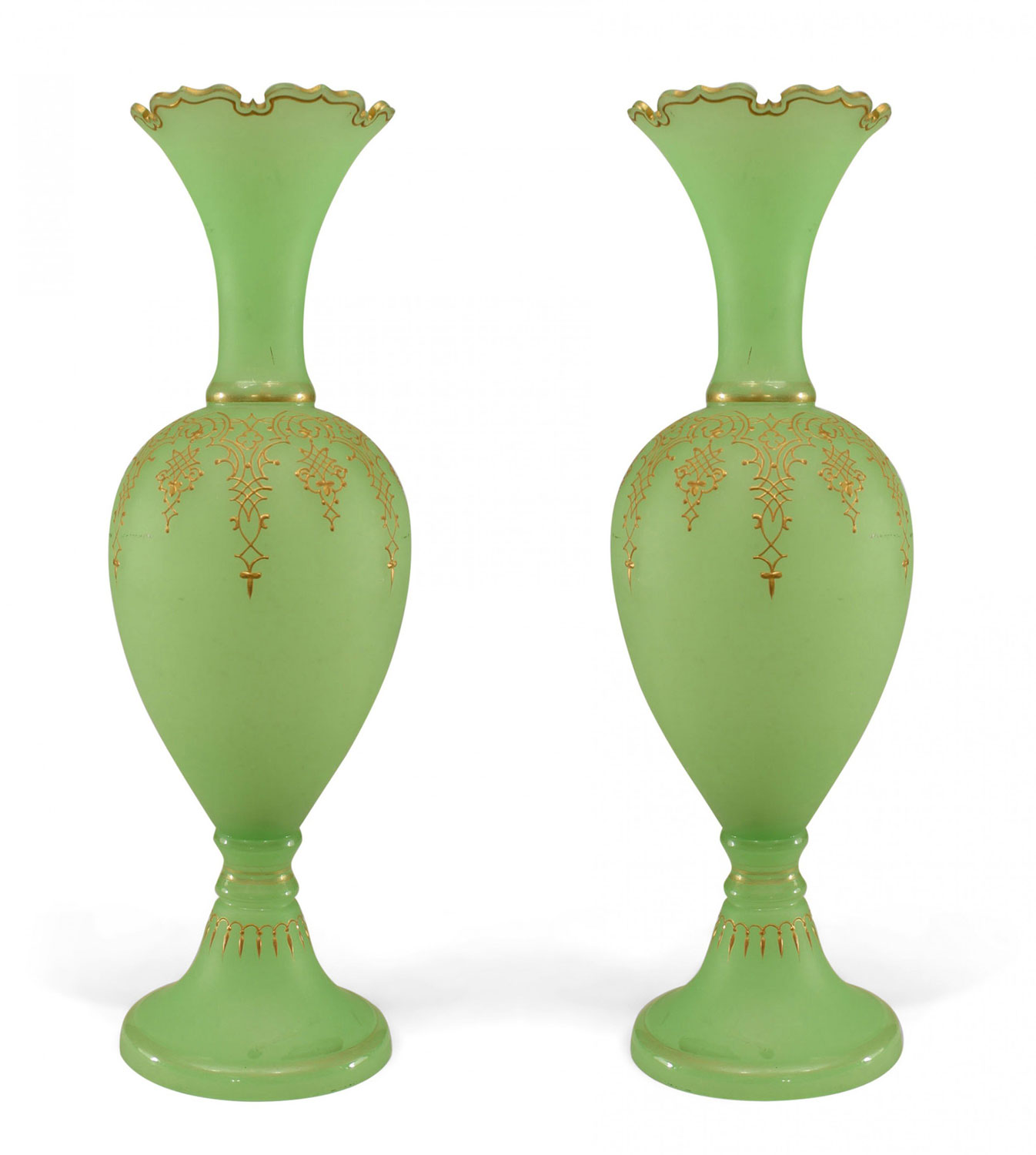 Pair of french victorian green opaline glass vases