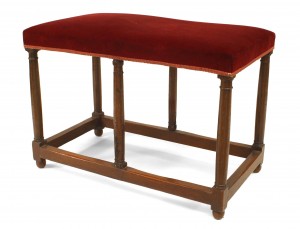 English renaissance red velvet walnut bench