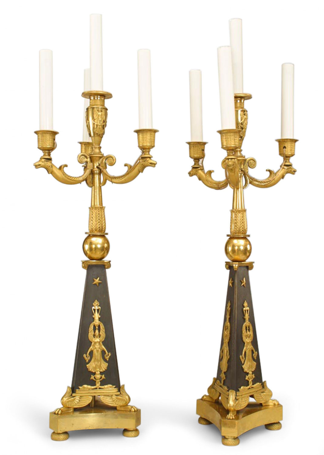 French empire black and gilt candelabras with bird figures