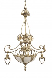 French art nouveau bronze dore and glass chandelier