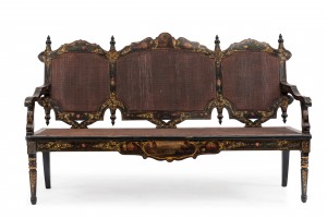 English victorian black lacquered floral settee