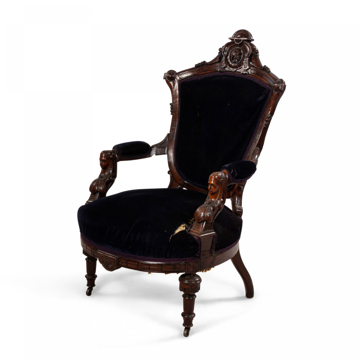 Victorian eastlake blue velvet arm chair