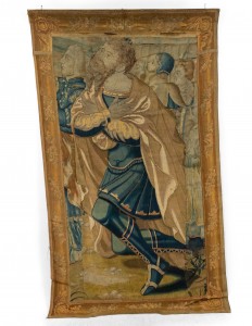 Belgian woven tapestry of a kneeling man