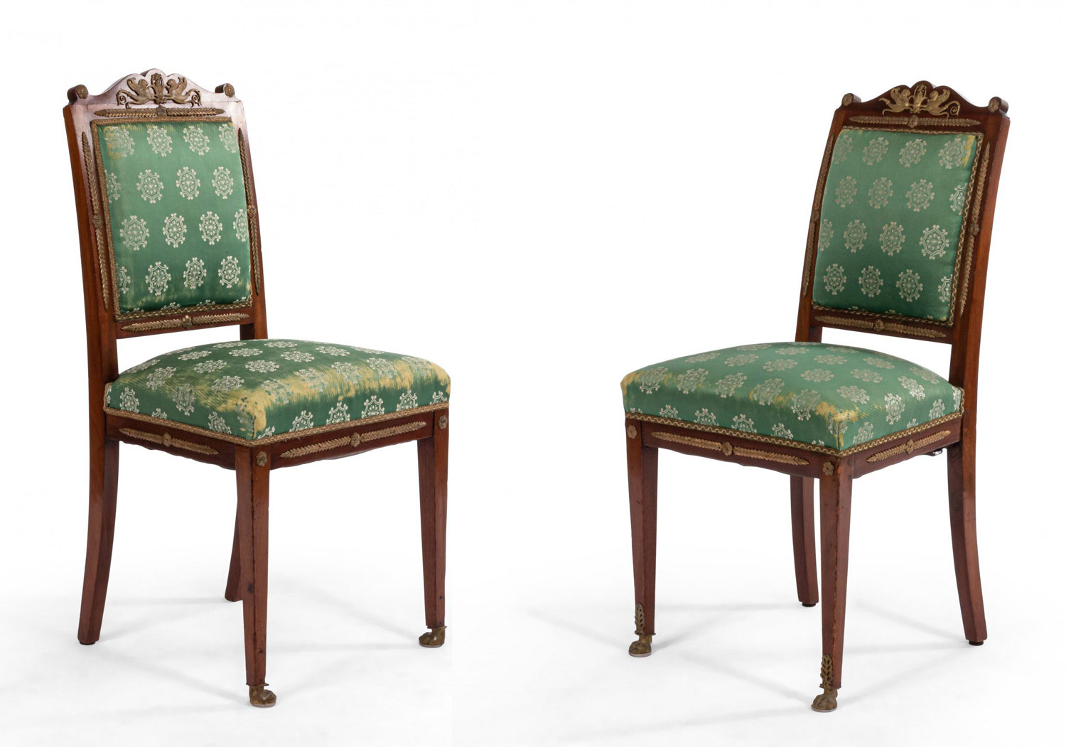 French empire green damask side chairs