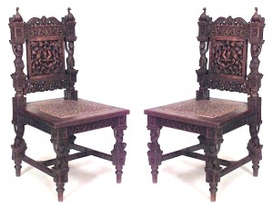 Asian burmese teak carved side chairs