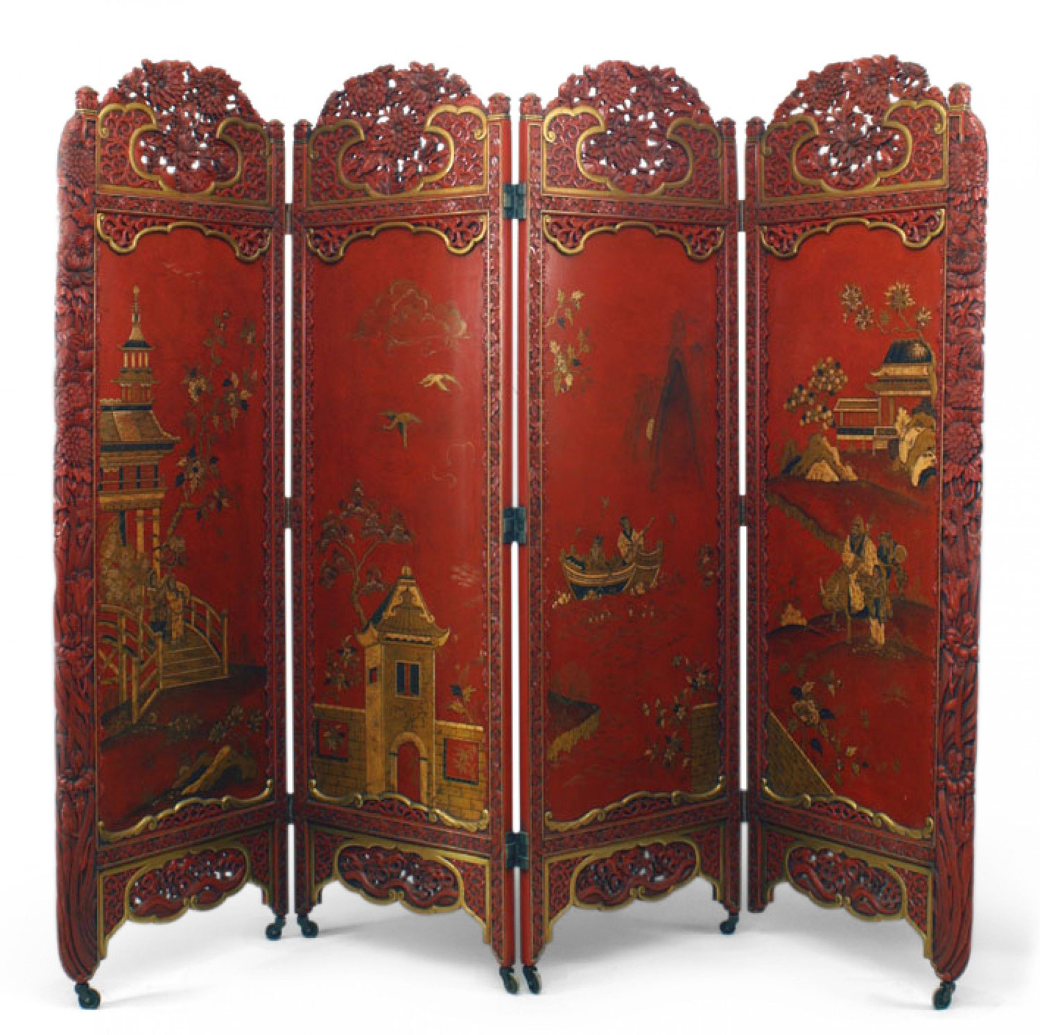 Chinese lacquered 4 fold screen