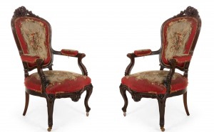 French victorian red floral arm chairs