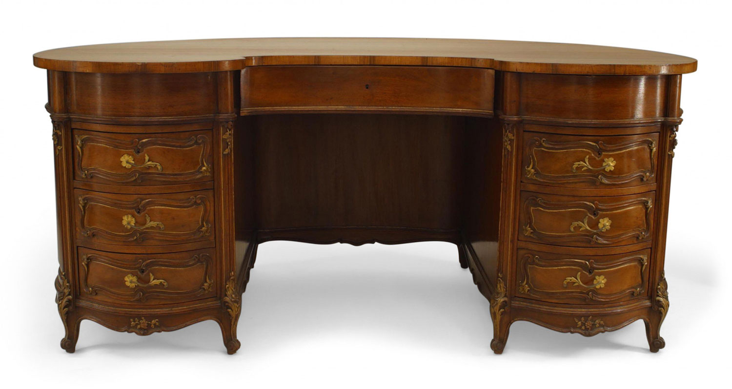 French louis xv walnut kidney kneehole desk 1