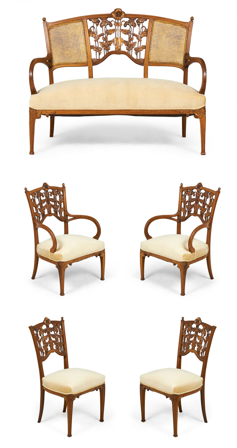French art nouveau walnut living room set