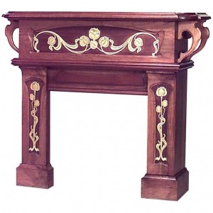 French art nouveau walnut fireplace mantel