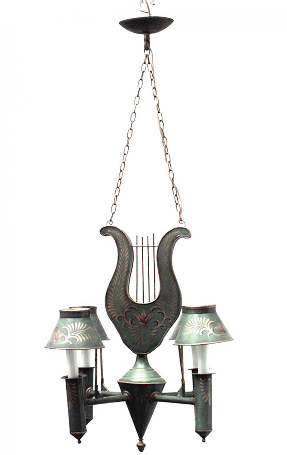 French directoire style green tole and gilt lyre chandelier