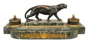 French victorian green marble inkwell with tiger