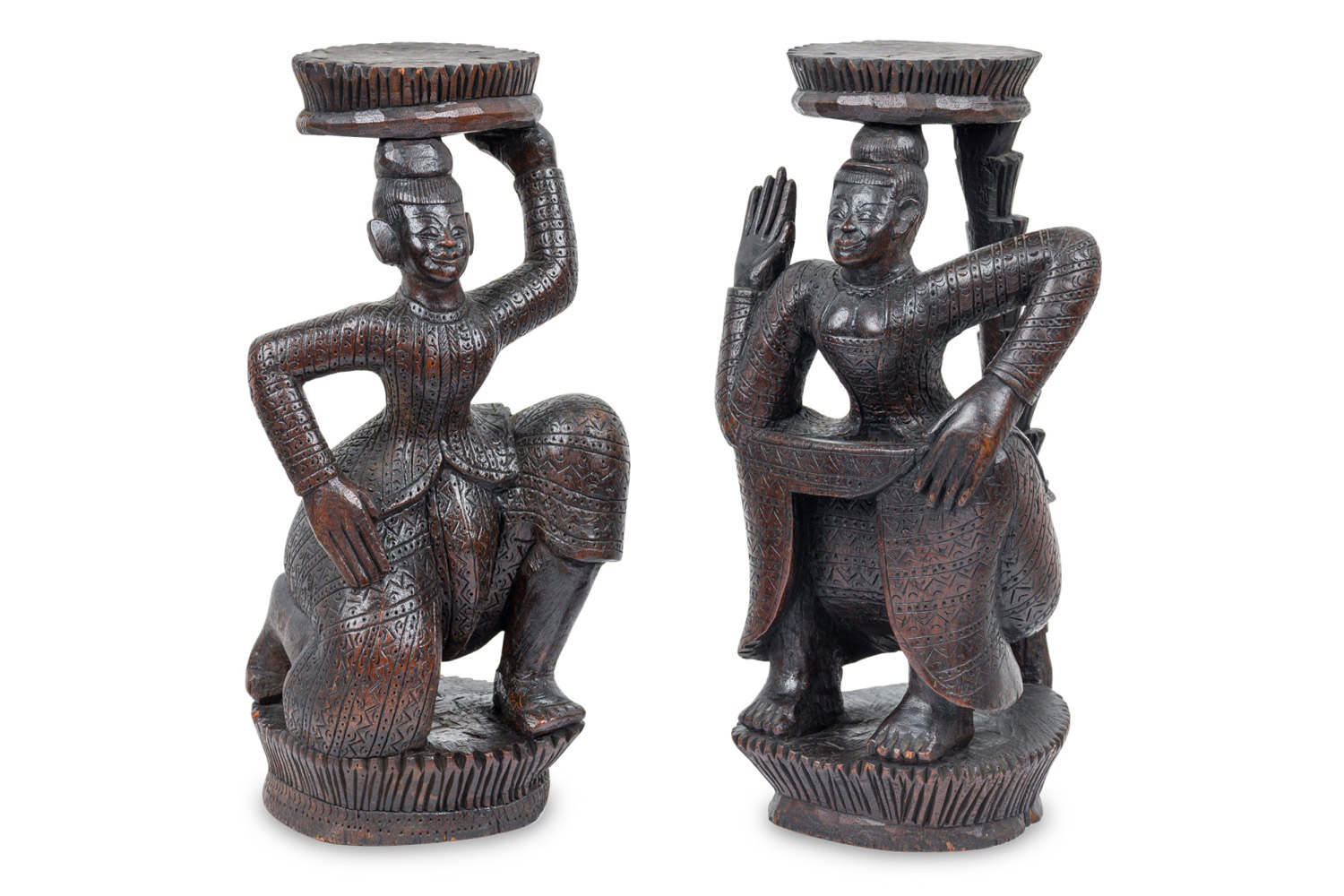 Burmese ebonized wood dancing figures