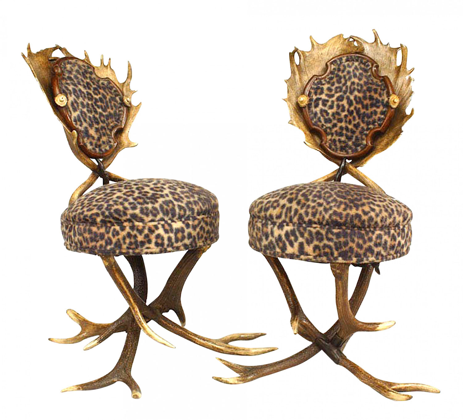 Rustic continental horn and oak leopard side chairs