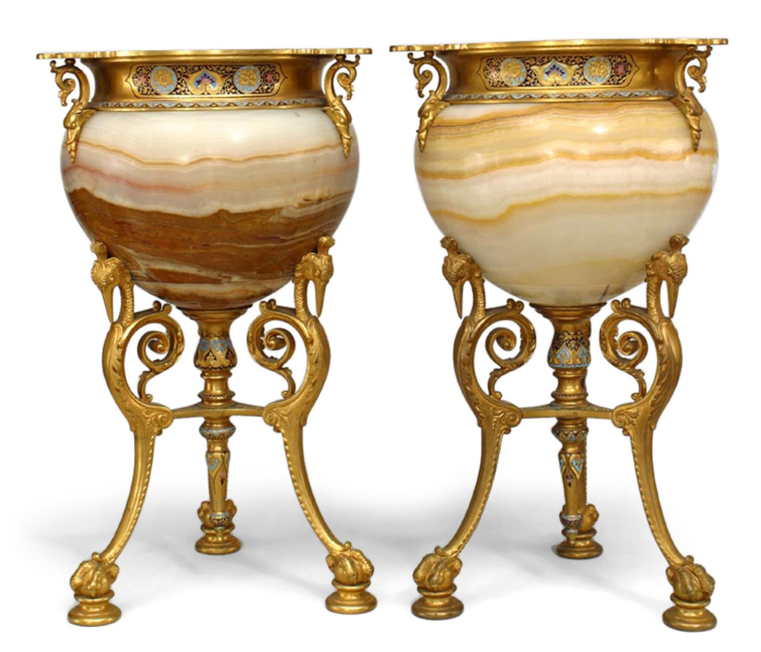 Pair of french victorian gilt bronze and onyx footed vases 1