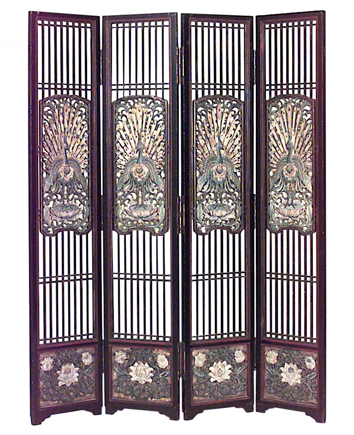 Chinese polychromed 4 fold screen