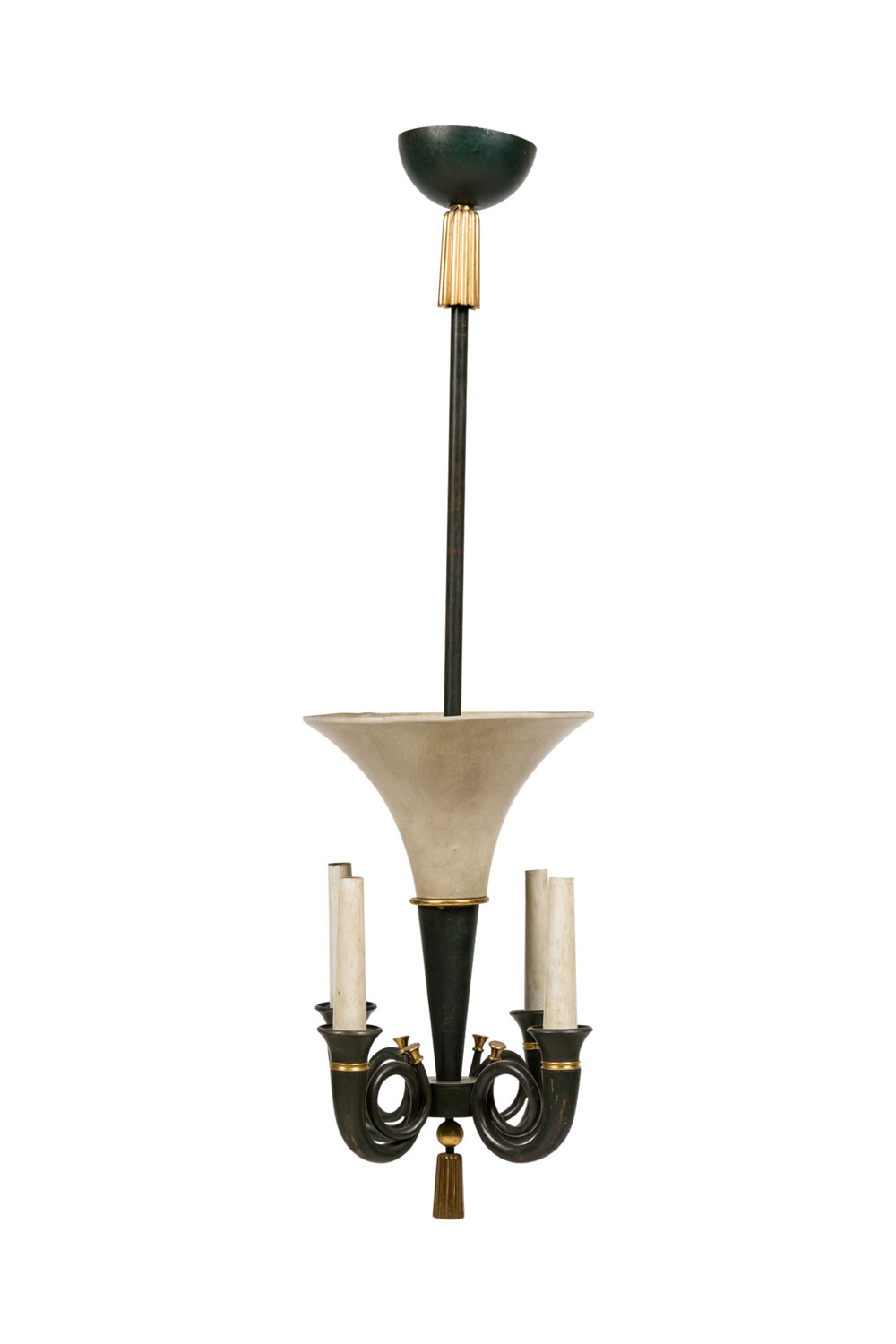 French mid century patinated metal trumpet chandelier
