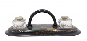 English victorian papier mache and crystal inkwell