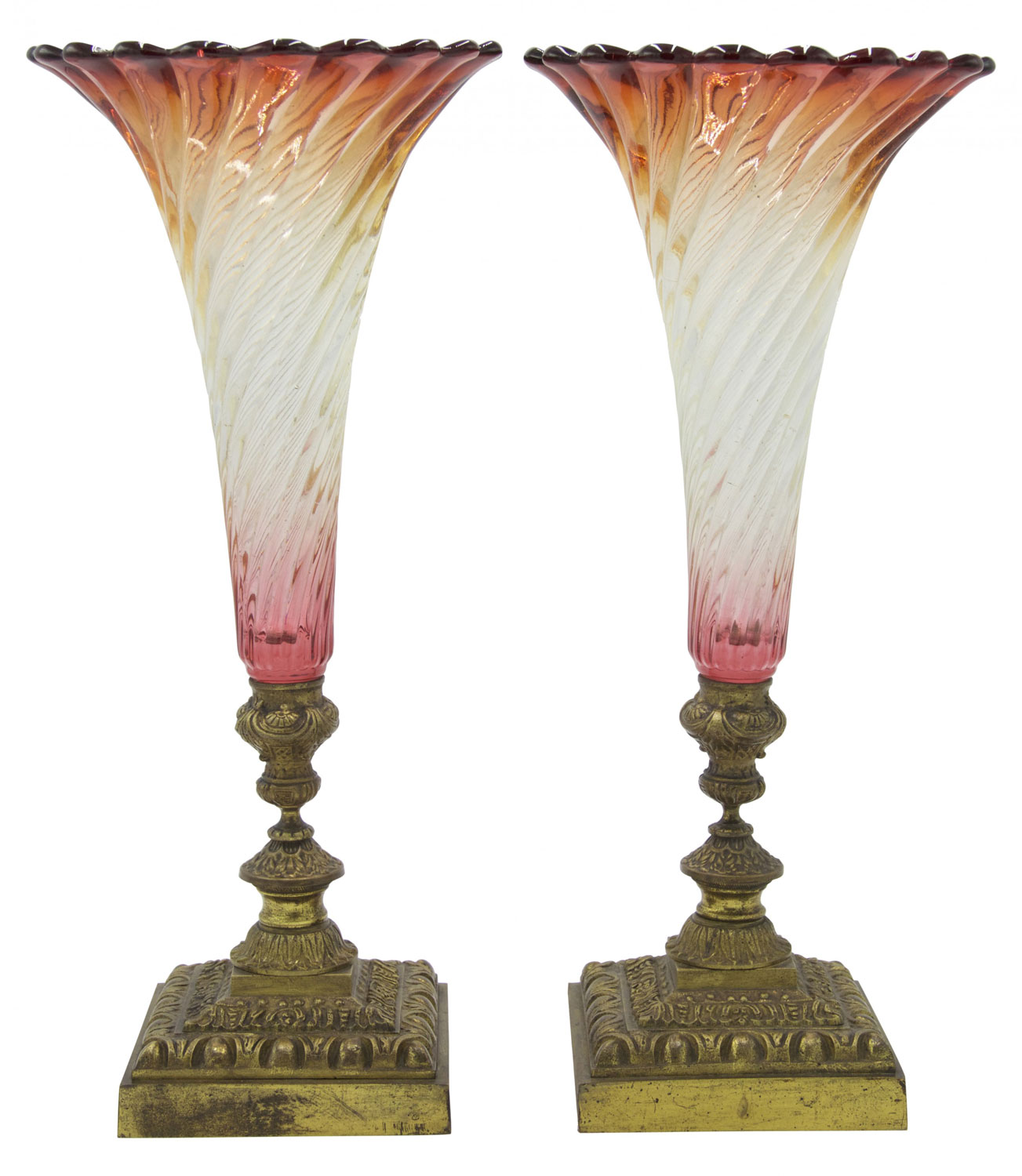 Pair of french victorian cranberry swirl glass vases