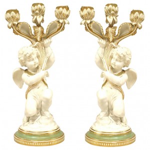 French victorian white and gilt porcelain cupid candelabras