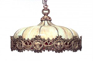 American victorian leaded glass and bronze chandelier