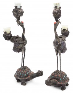 Chinese style silver heron and turtle candelabras