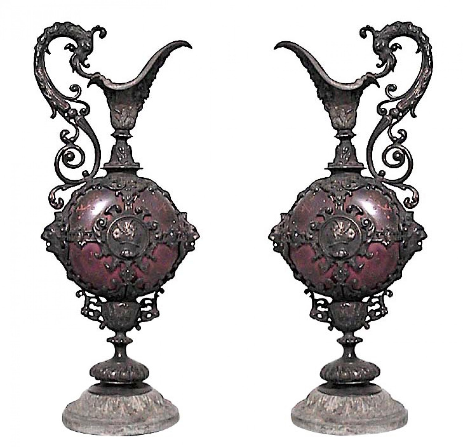 Pair of french victorian metal ewers