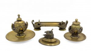 4 Piece french empire bronze inkwell set with swan 1