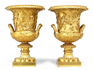 Pair of italian neoclassic style gilt bronze urns