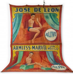 Hand painted circus banner of armless wonder