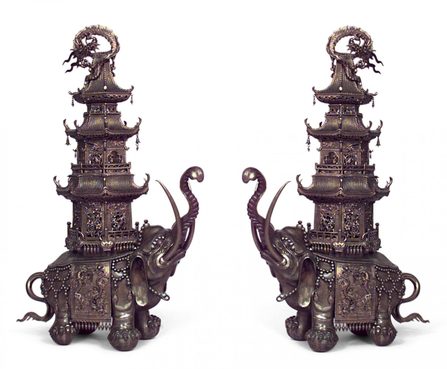 Japanese bronze elephant pagoda figures