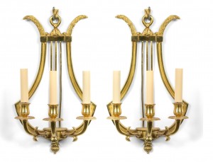 French directoire style brass lyre wall sconces