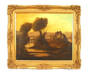 English victorian oil painting of lady by a stream