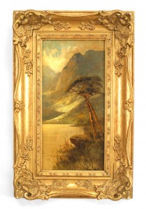 English victorian landscape of a lake by mountains