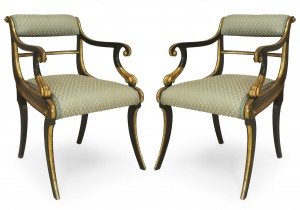 English regency green damask arm chairs