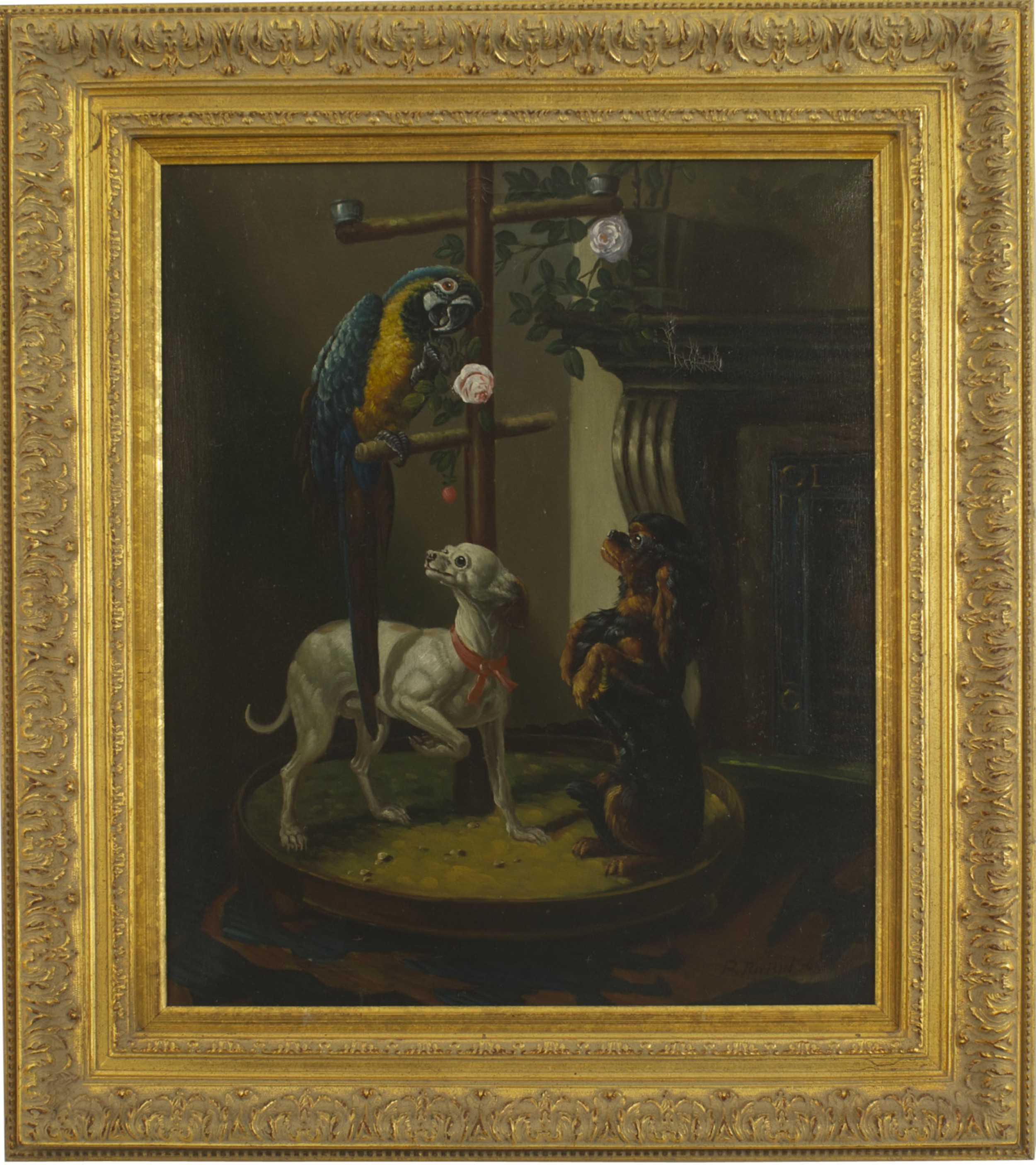 French victorian dogs and parrot oil painting