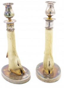 English taxidermy deer hoof candlesticks
