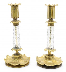 Neoclassic cut glass and brass candlesticks