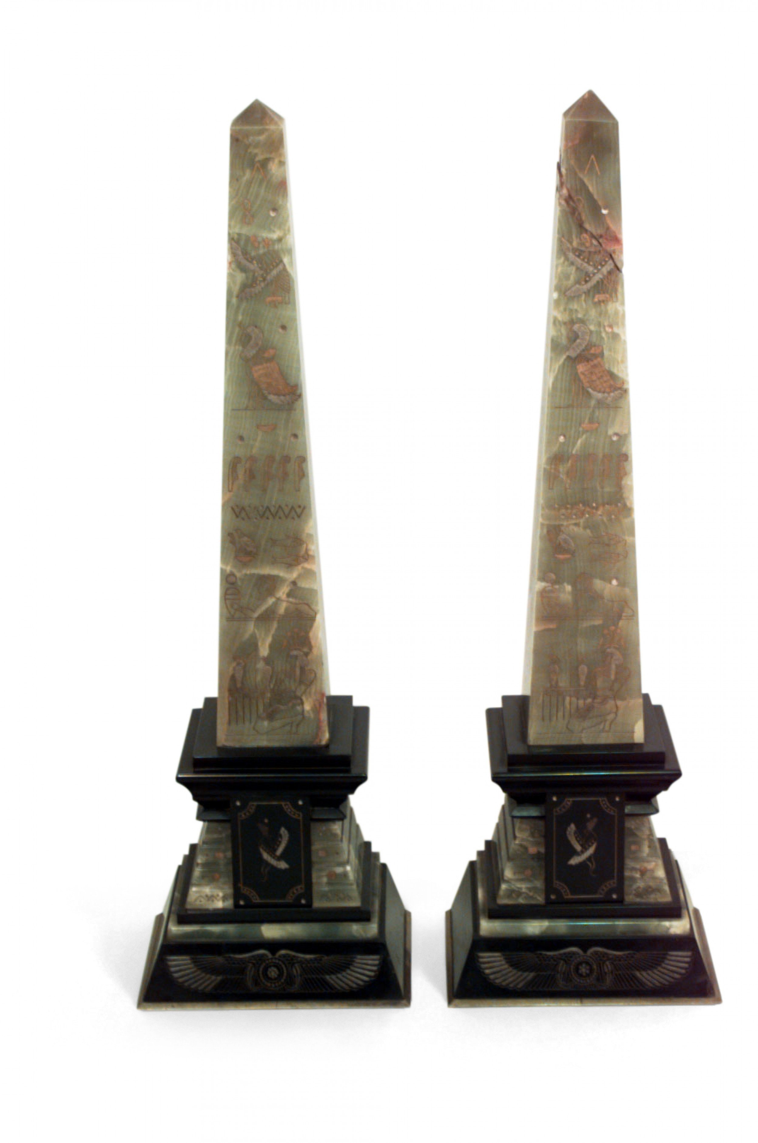 Pair egyptian green onyx and black marble obelisks