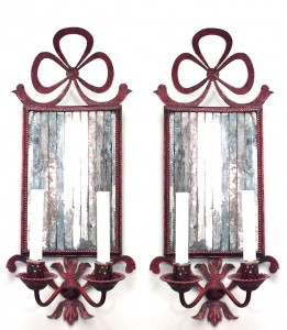 French victorian red tole and mirror wall sconces