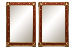 French mid century gilt and red painted glass wall mirror